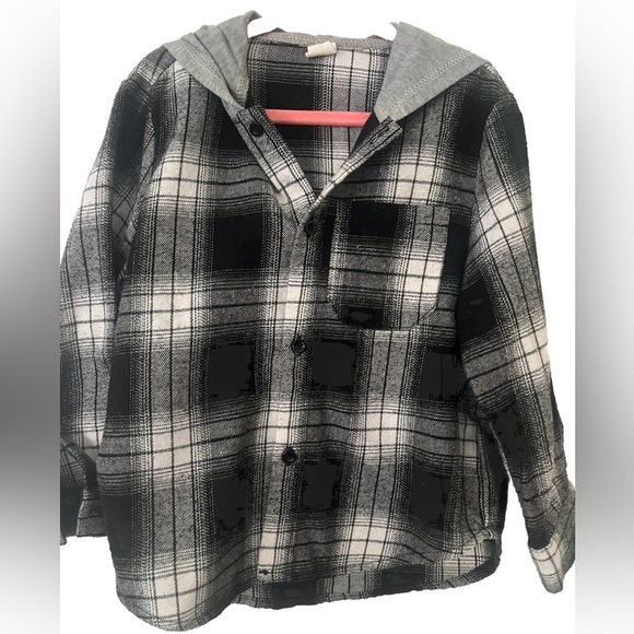 Kids unisex size 4 black and white plaid button down shirt with‎ hood - Picture 1 of 2